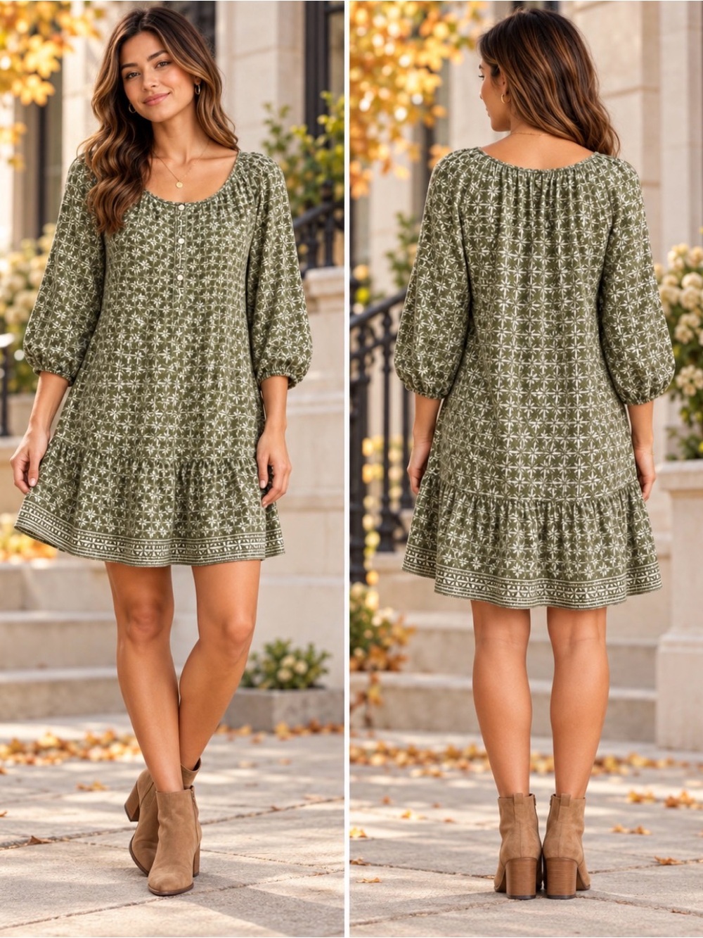 NWT Max Studio London Olive Green Geometric Tiered Mini Dress Medium